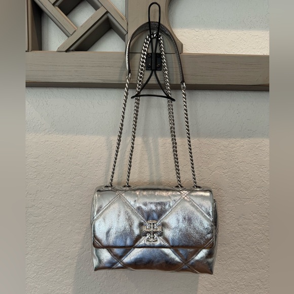New Tory Burch Kira Metallic Diamond Quilt Convertible Shoulder Bag Purse Silver - Picture 1 of 13